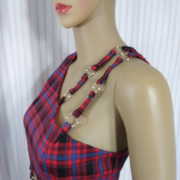 DOLLS KILL Silky Lined Red Plaid Bodysuit w Straps & O-Rings NWT Sz S - Picture 9 of 16